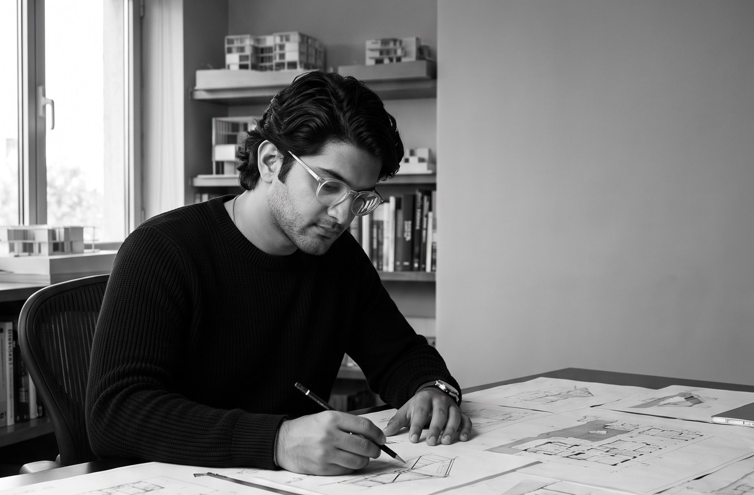 Juan Camilo Clavijo Soto dibujando sobre planos